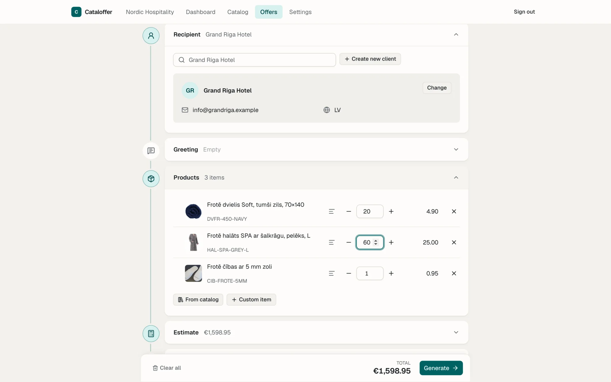 Quote builder with product lines and an automatically calculated total