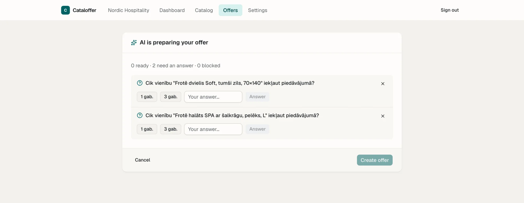 Cataloffer clarifying questions: how many units to include in the quote, with answer options