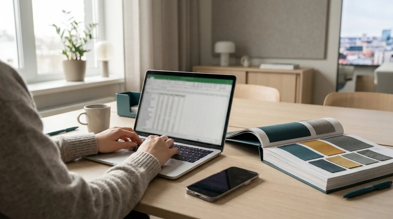 A manager at a desk with an Excel spreadsheet on a laptop and a fabric sample catalog